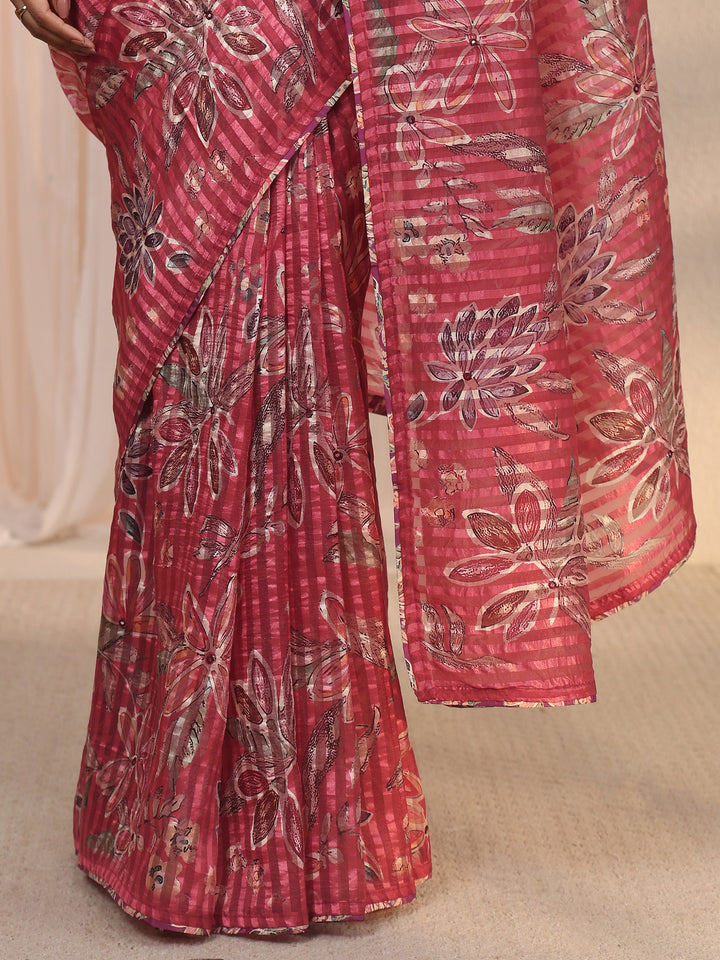 Libas Rust Red Striped Floral Printed Organza Saree