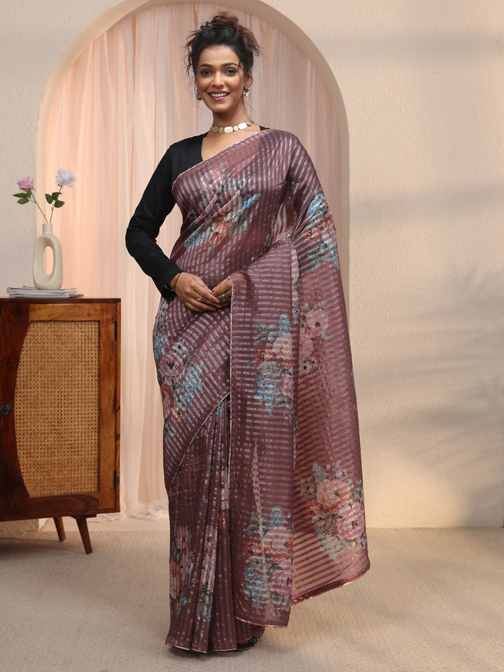 Libas Brown Striped Floral Printed Organza Saree