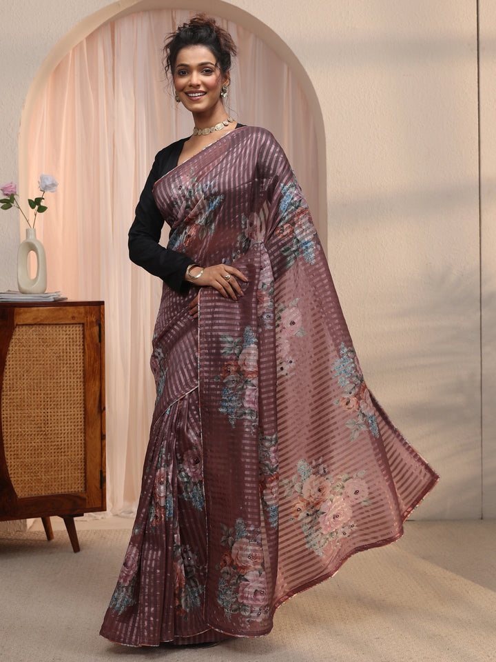 Libas Brown Striped Floral Printed Organza Saree