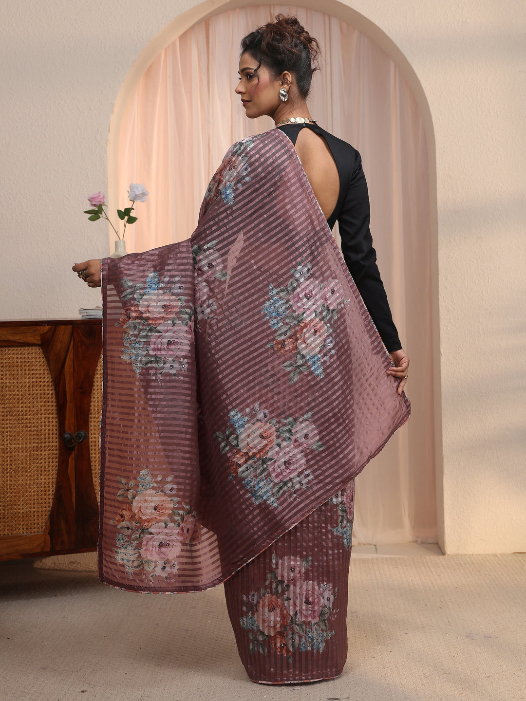 Libas Brown Striped Floral Printed Organza Saree