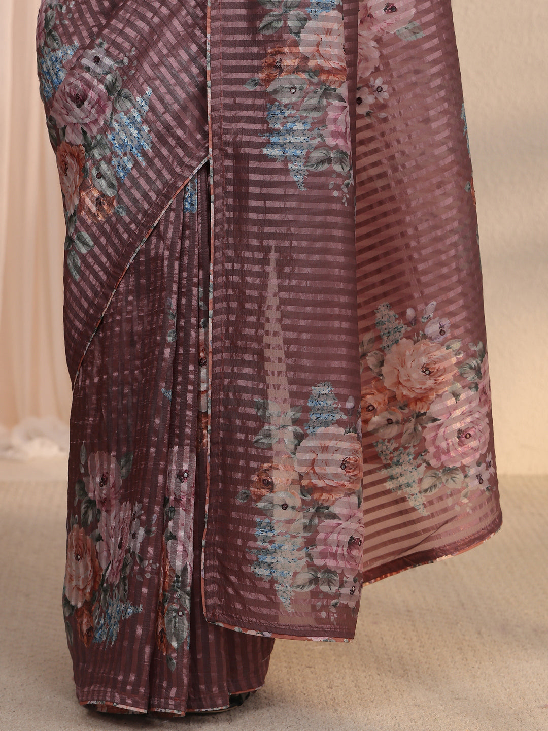 Libas Brown Striped Floral Printed Organza Saree