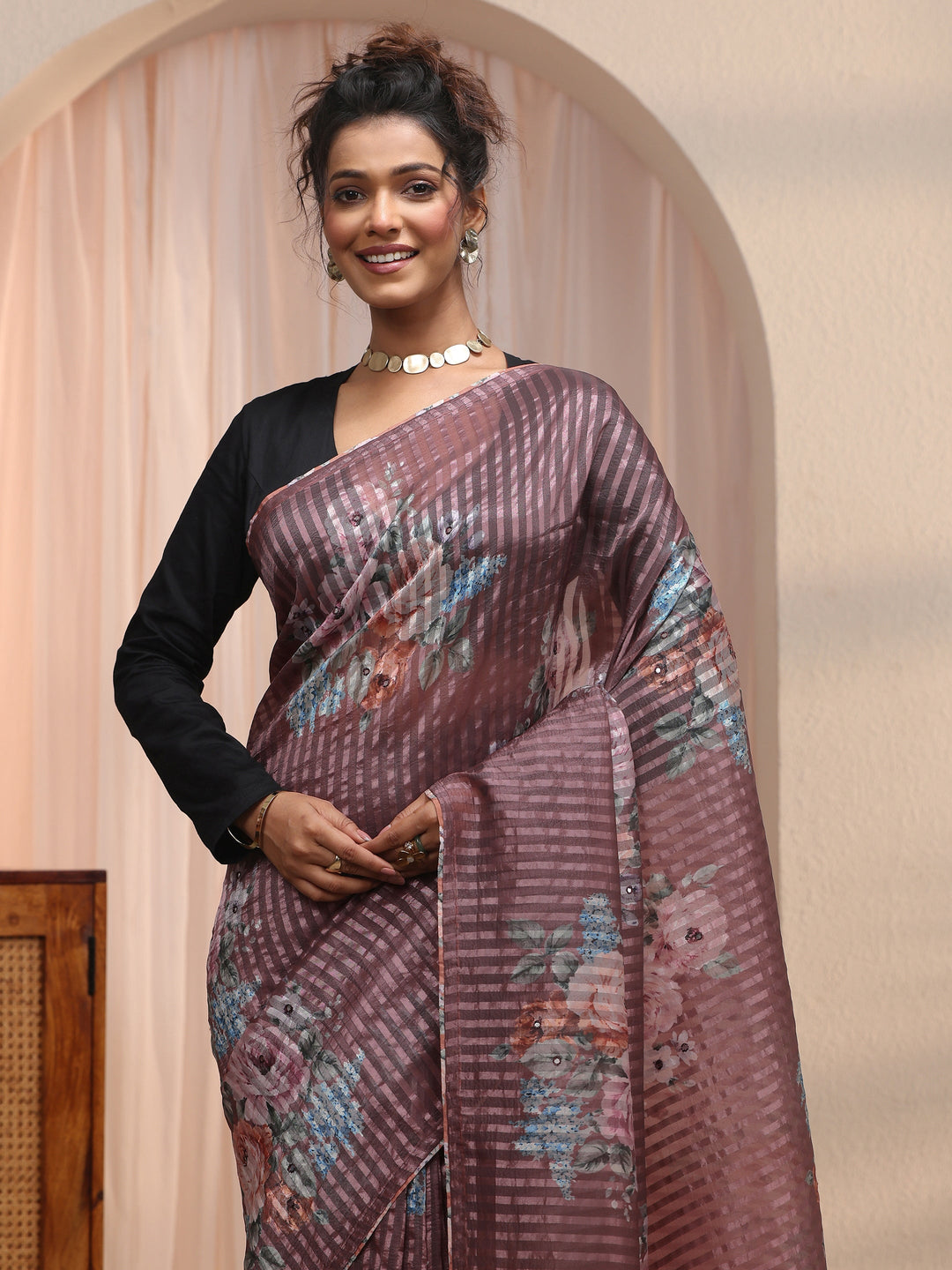 Libas Brown Striped Floral Printed Organza Saree
