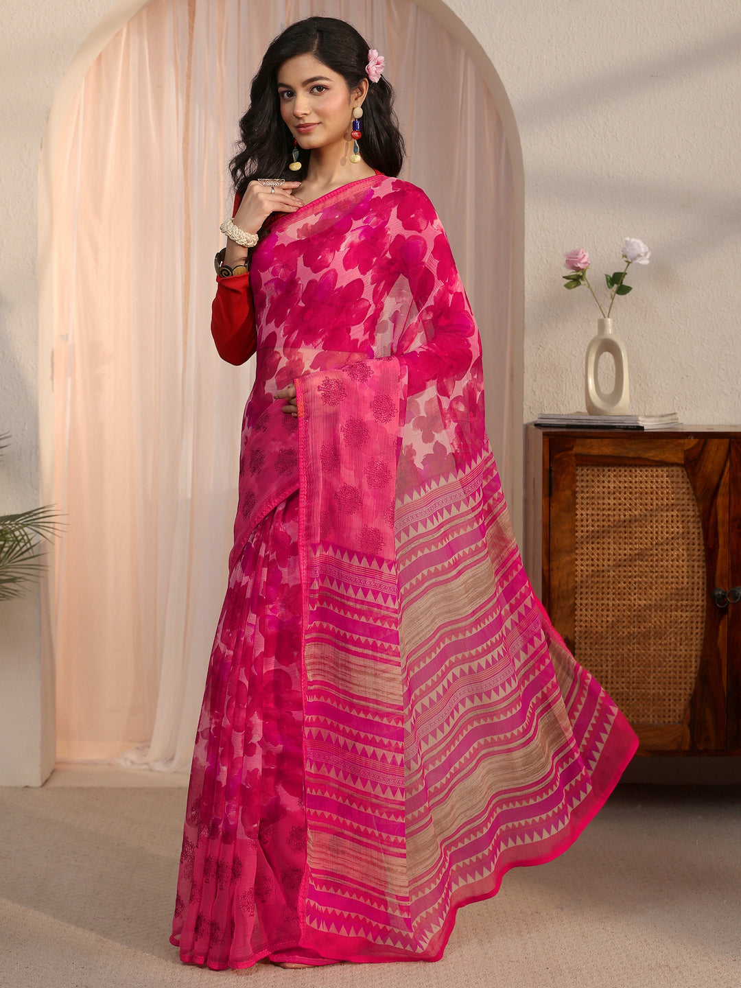 Libas Pink Floral Printed Chiffon Saree