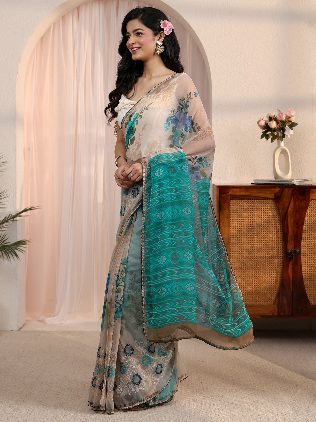 Libas Beige Floral Printed Chiffon Saree