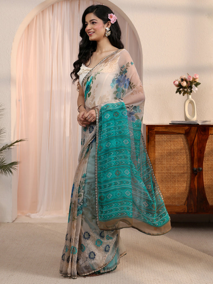 Libas Beige Floral Printed Chiffon Saree