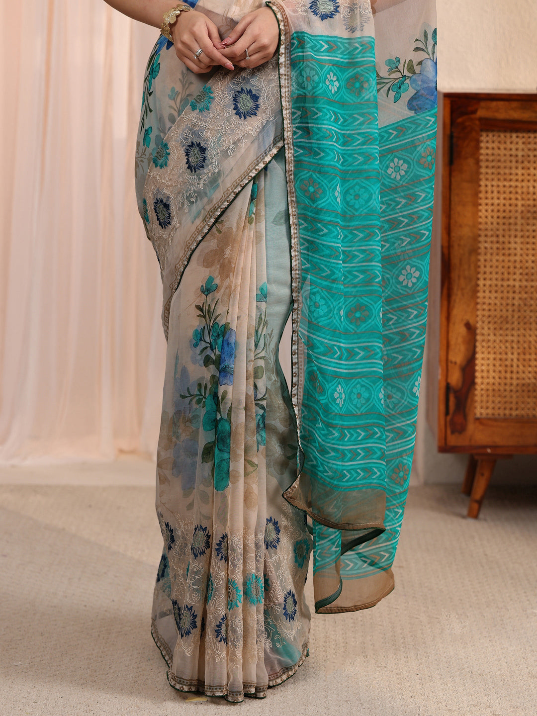 Libas Beige Floral Printed Chiffon Saree