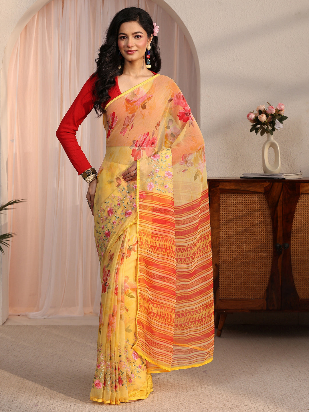 Libas Yellow Floral Printed Chiffon Saree