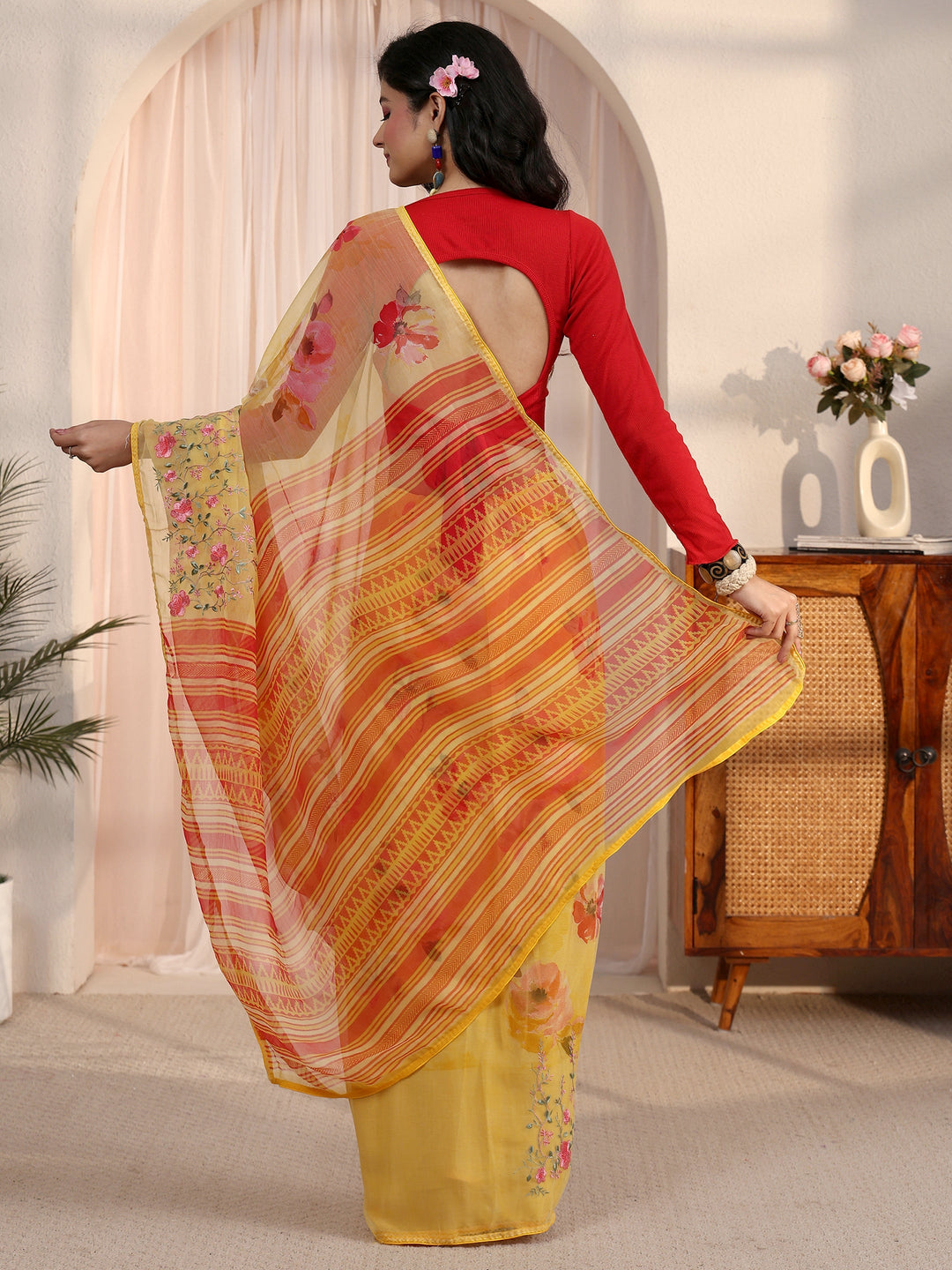 Libas Yellow Floral Printed Chiffon Saree