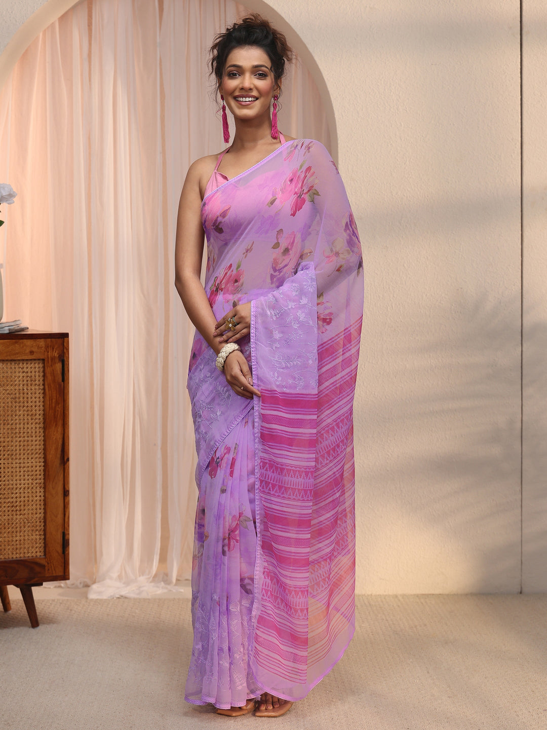 Libas Lavender Floral Printed Chiffon Saree