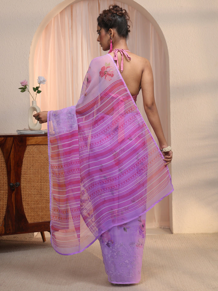 Libas Lavender Floral Printed Chiffon Saree