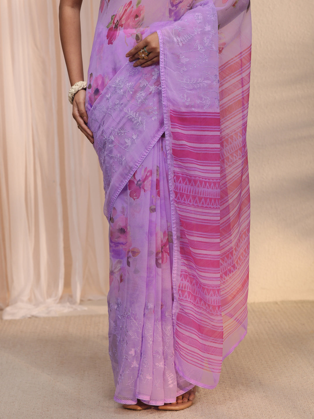 Libas Lavender Floral Printed Chiffon Saree