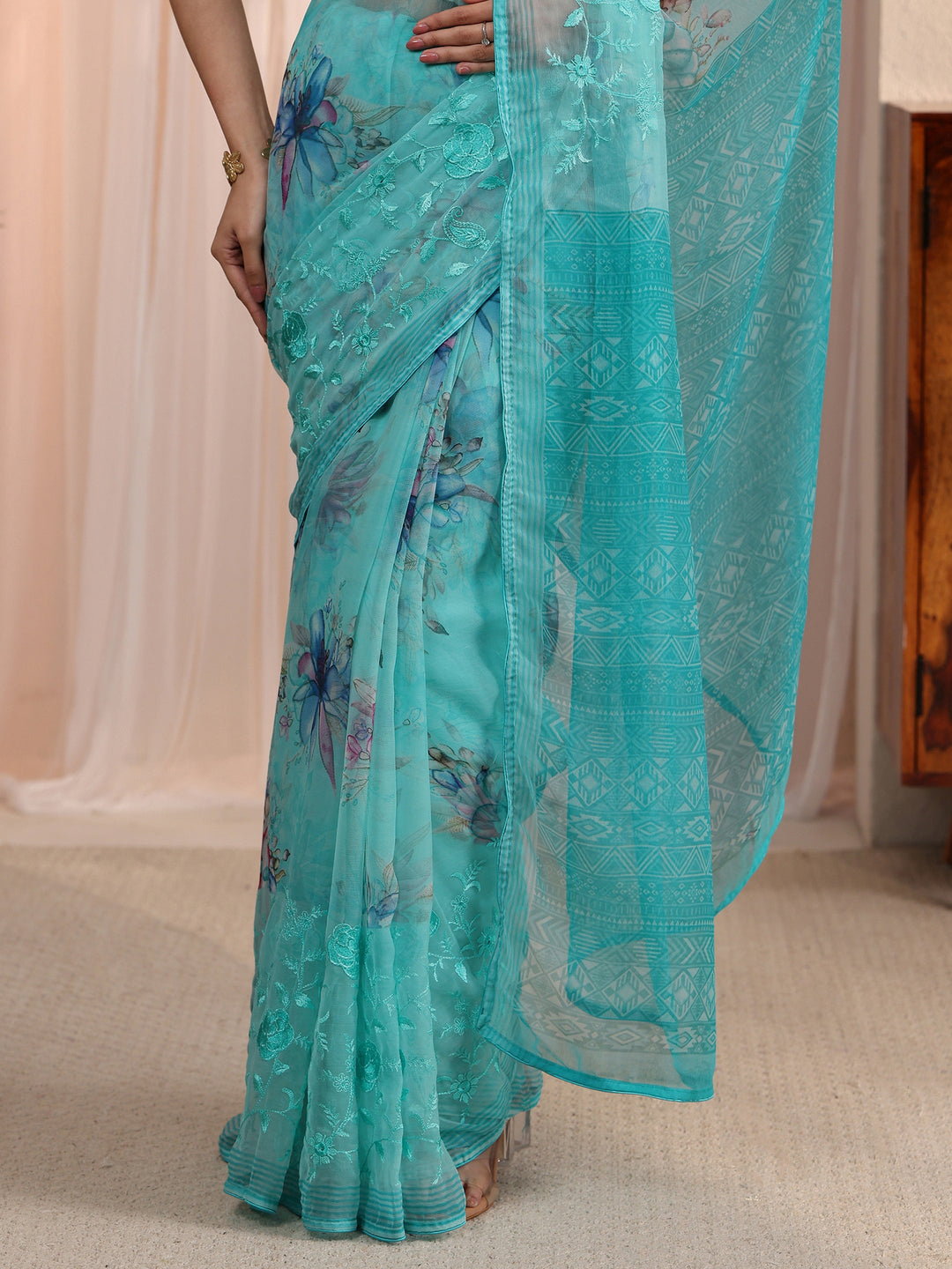 Libas Blue Floral Printed Chiffon Saree