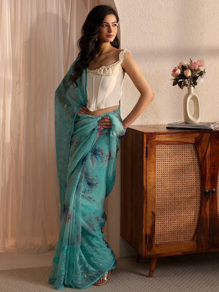 Libas Blue Floral Printed Chiffon Saree