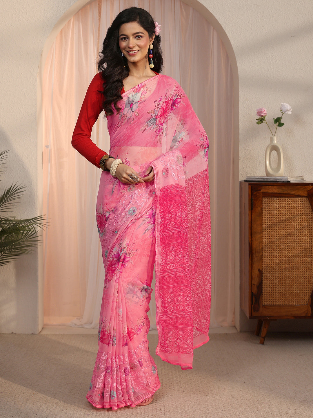 Libas Pink Floral Printed Chiffon Saree