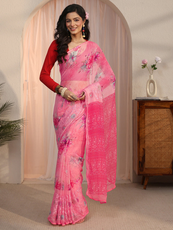 Libas Pink Floral Printed Chiffon Saree