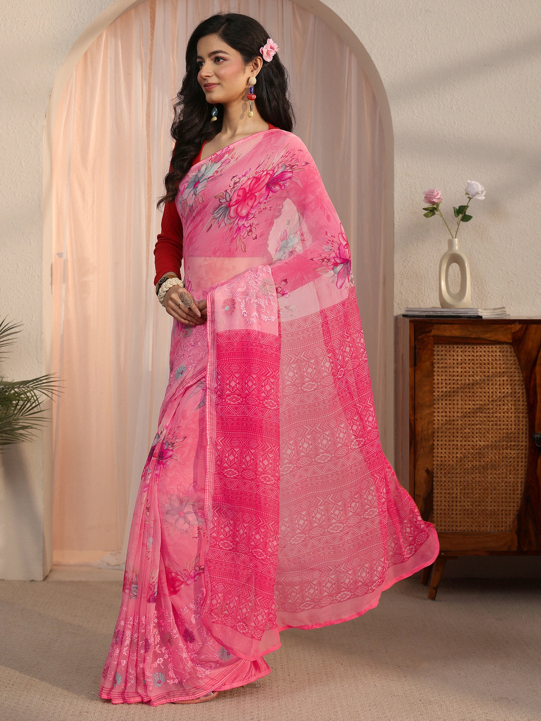 Libas Pink Floral Printed Chiffon Saree