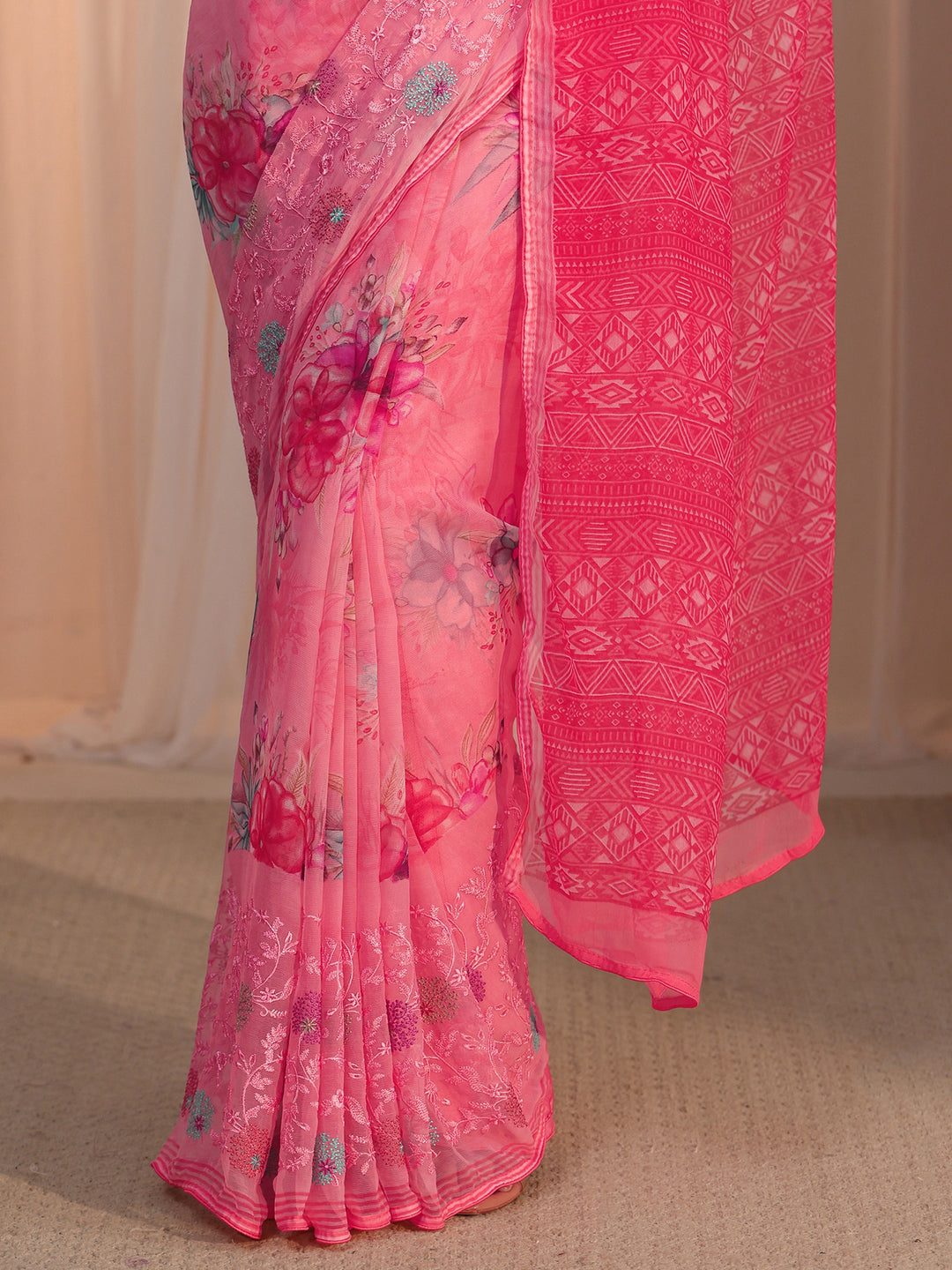 Libas Pink Floral Printed Chiffon Saree