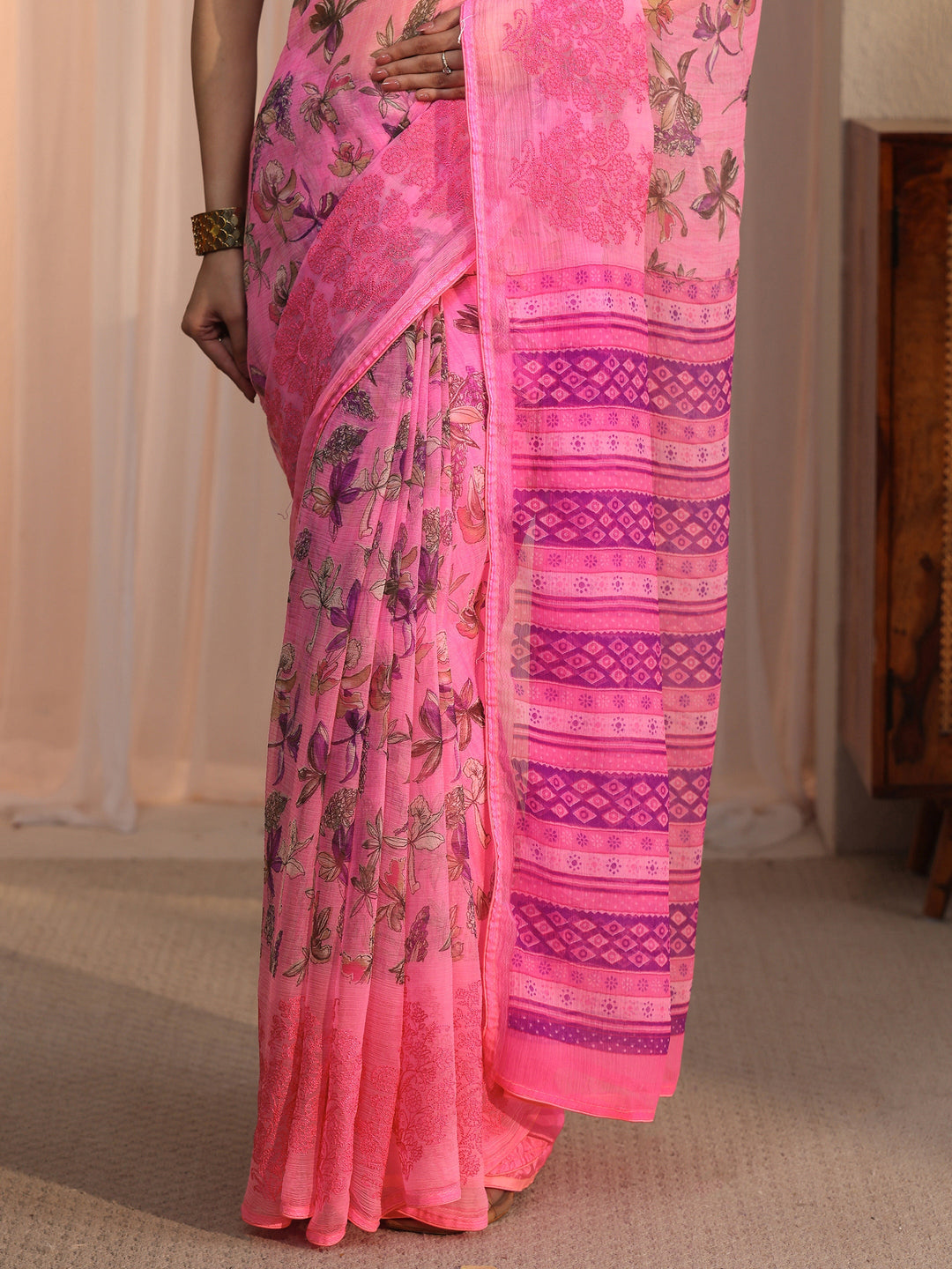 Libas Pink Floral Printed Chiffon Saree