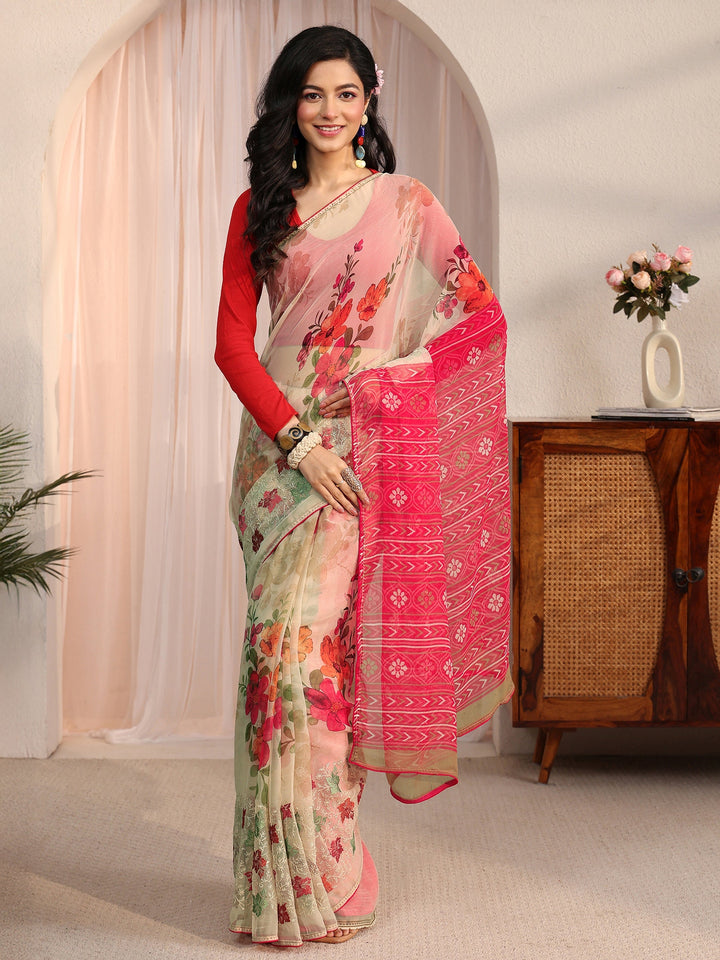 Libas Beige Floral Printed Chiffon Saree