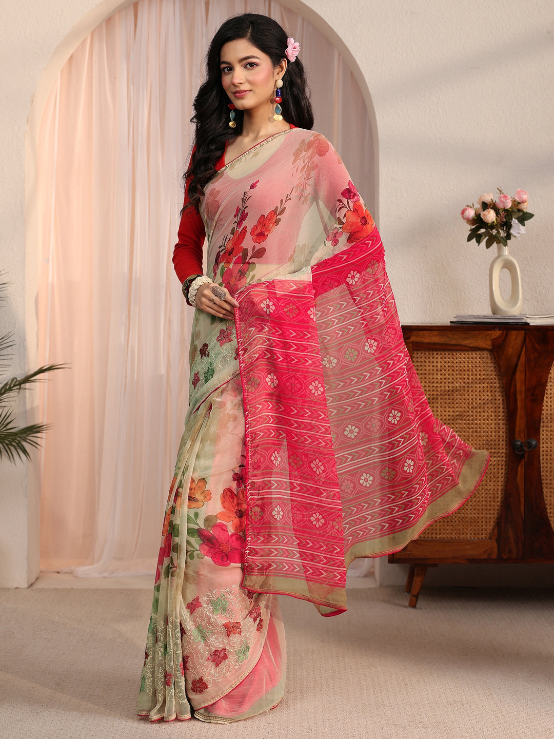 Libas Beige Floral Printed Chiffon Saree