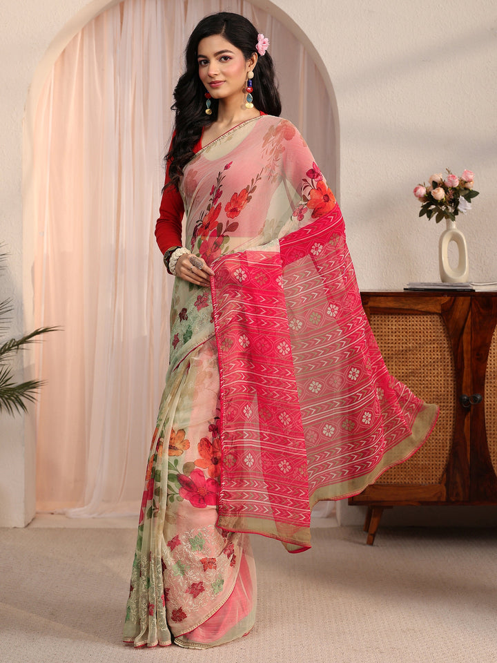 Libas Beige Floral Printed Chiffon Saree