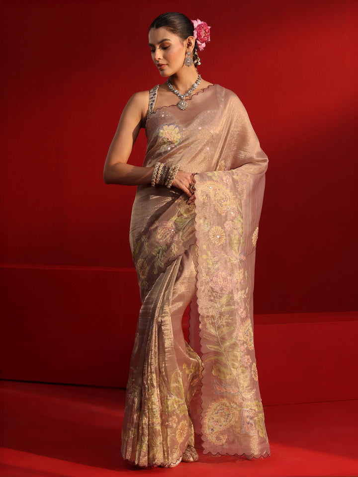 Libas Brown Printed Silk Blend Saree with Scalloped Border