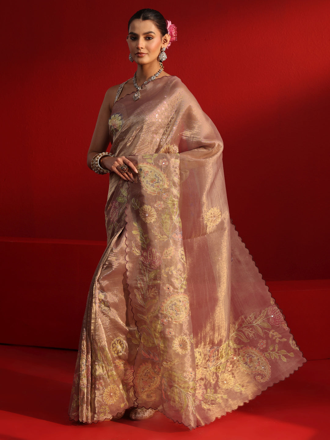 Libas Brown Printed Silk Blend Saree with Scalloped Border