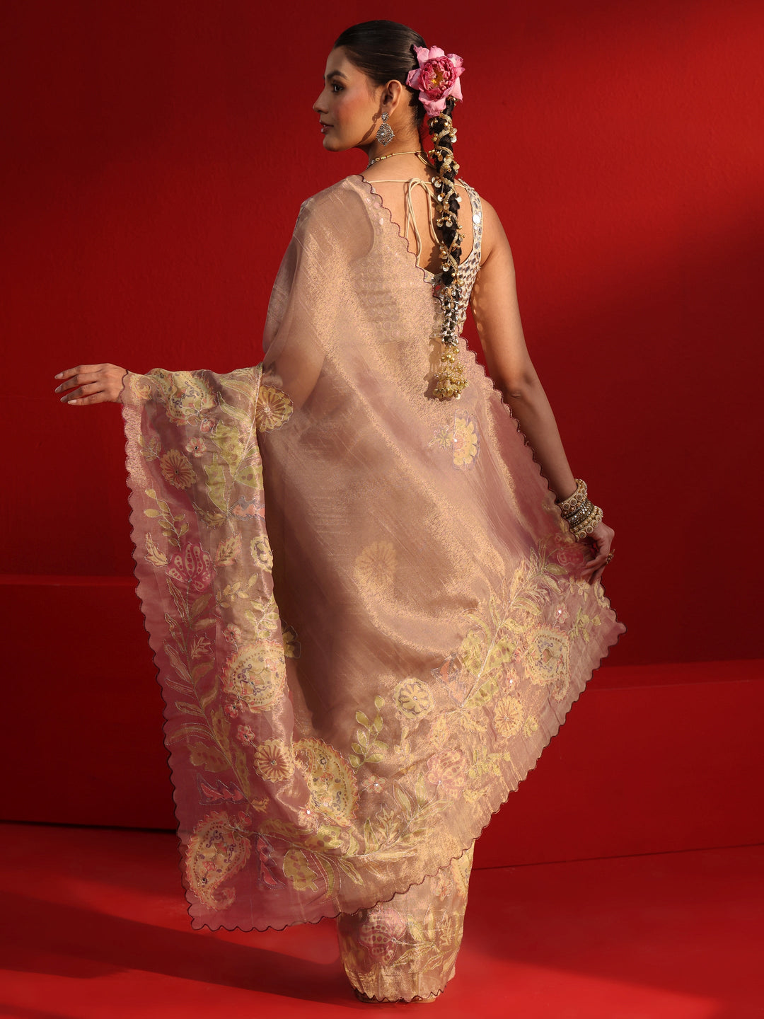 Libas Brown Printed Silk Blend Saree with Scalloped Border