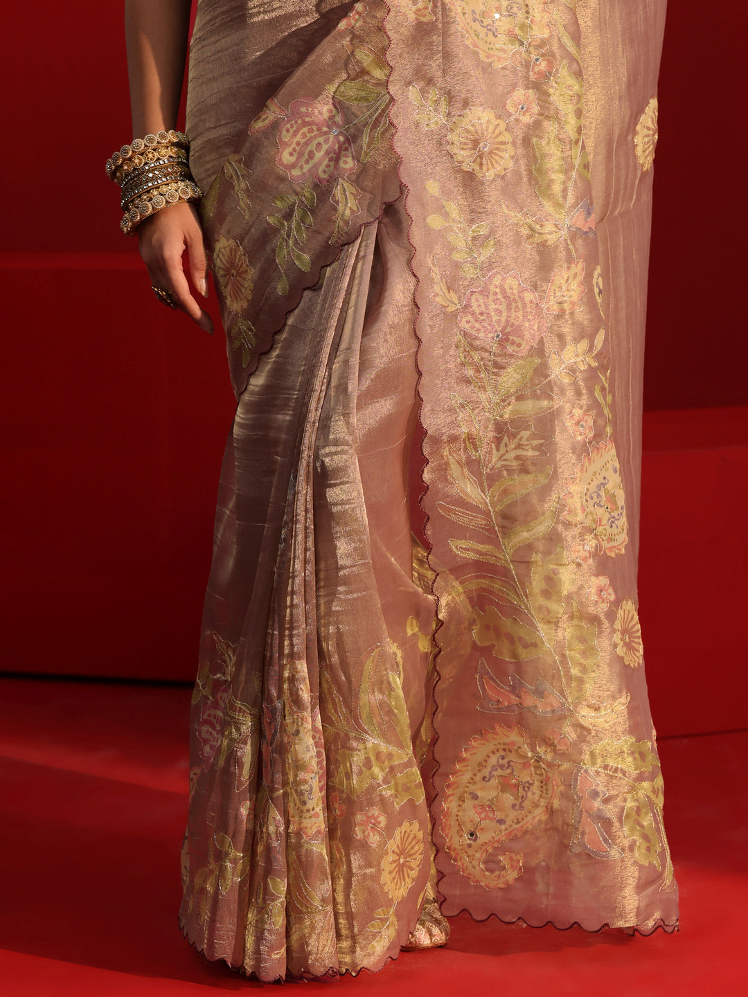 Libas Brown Printed Silk Blend Saree with Scalloped Border