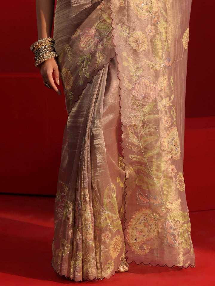 Libas Brown Printed Silk Blend Saree with Scalloped Border