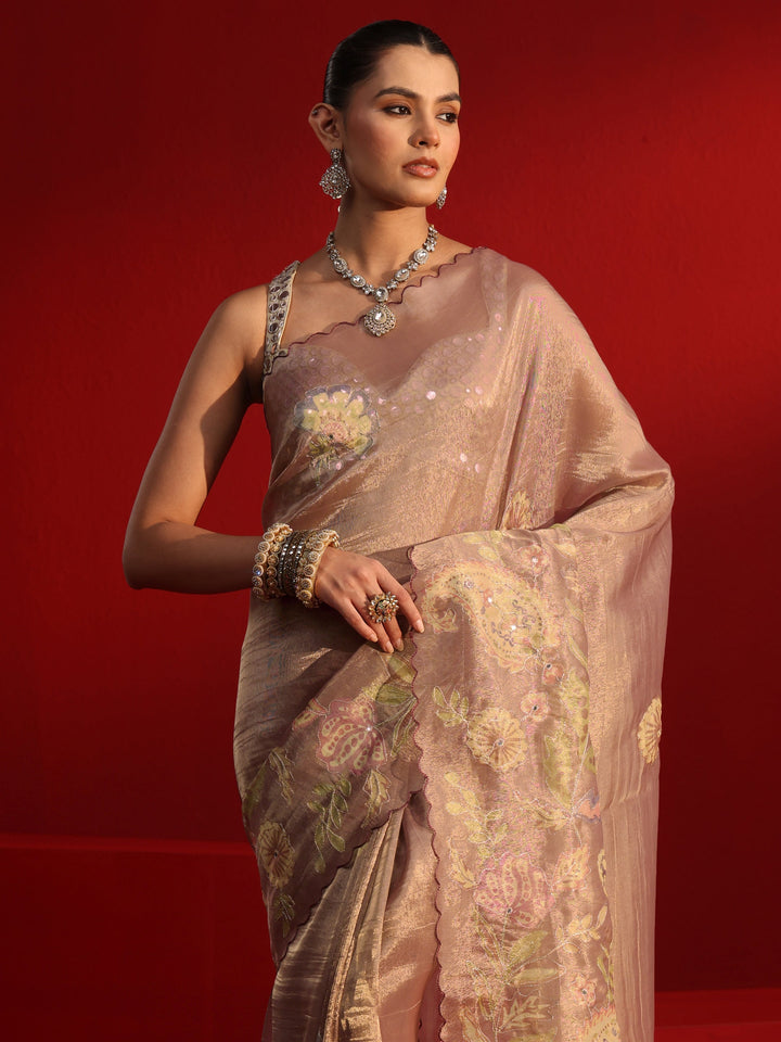 Libas Brown Printed Silk Blend Saree with Scalloped Border