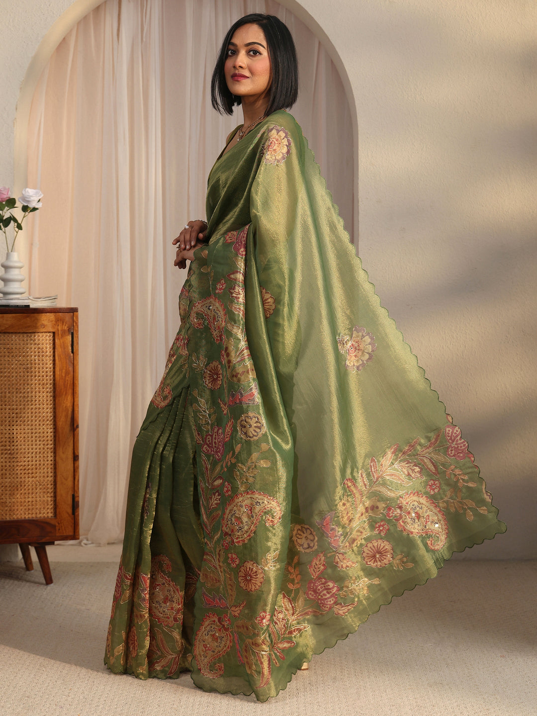 Libas Green Ethnic Printed Mirror Work Silk Blend Saree with Scalloped Border