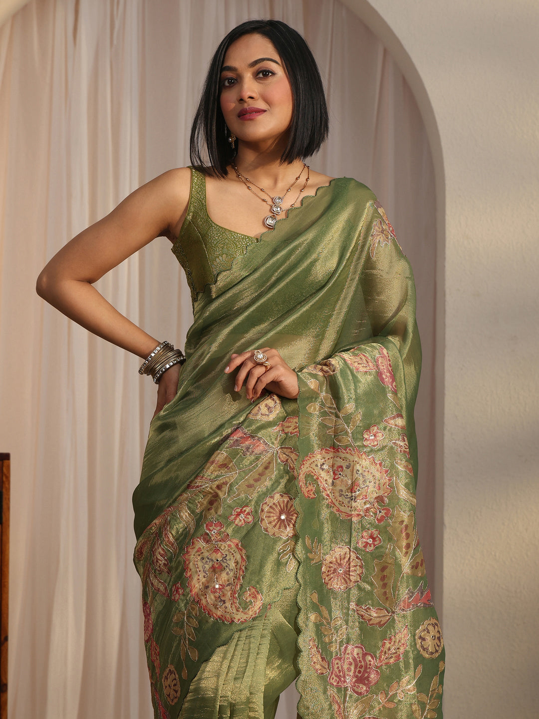 Libas Green Ethnic Printed Mirror Work Silk Blend Saree with Scalloped Border