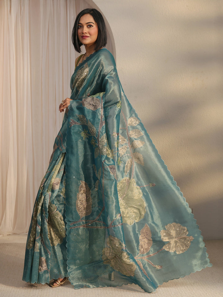 Libas Blue Floral Printed Mirror Work Silk Blend Saree with Scalloped Border