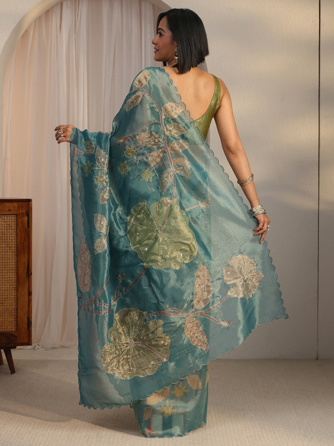 Libas Blue Floral Printed Mirror Work Silk Blend Saree with Scalloped Border