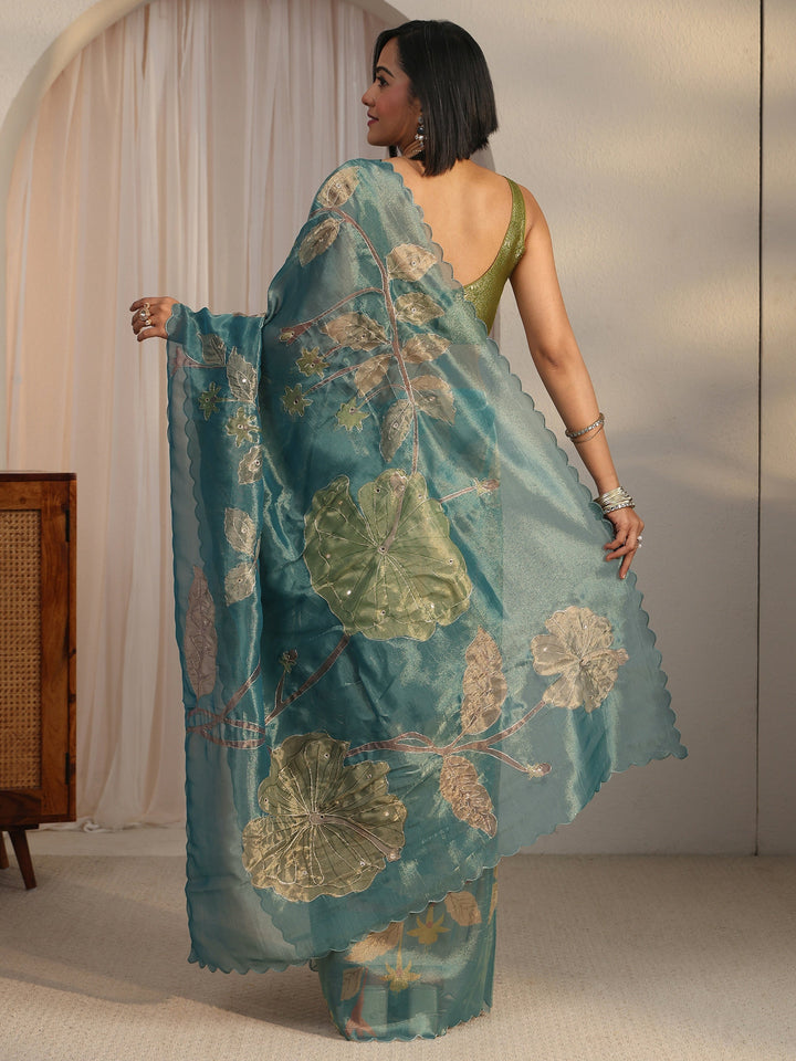 Libas Blue Floral Printed Mirror Work Silk Blend Saree with Scalloped Border