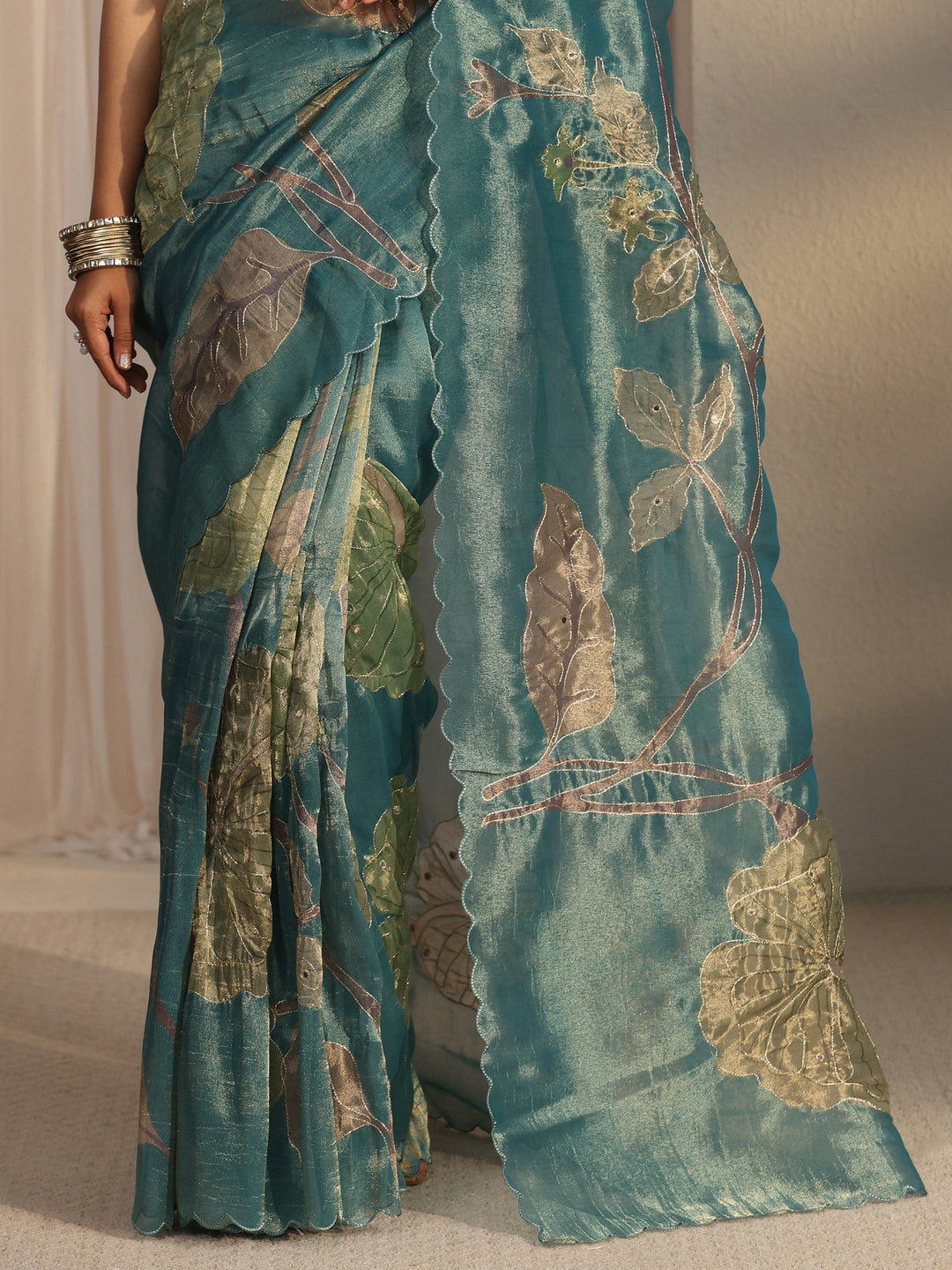 Libas Blue Floral Printed Mirror Work Silk Blend Saree with Scalloped Border