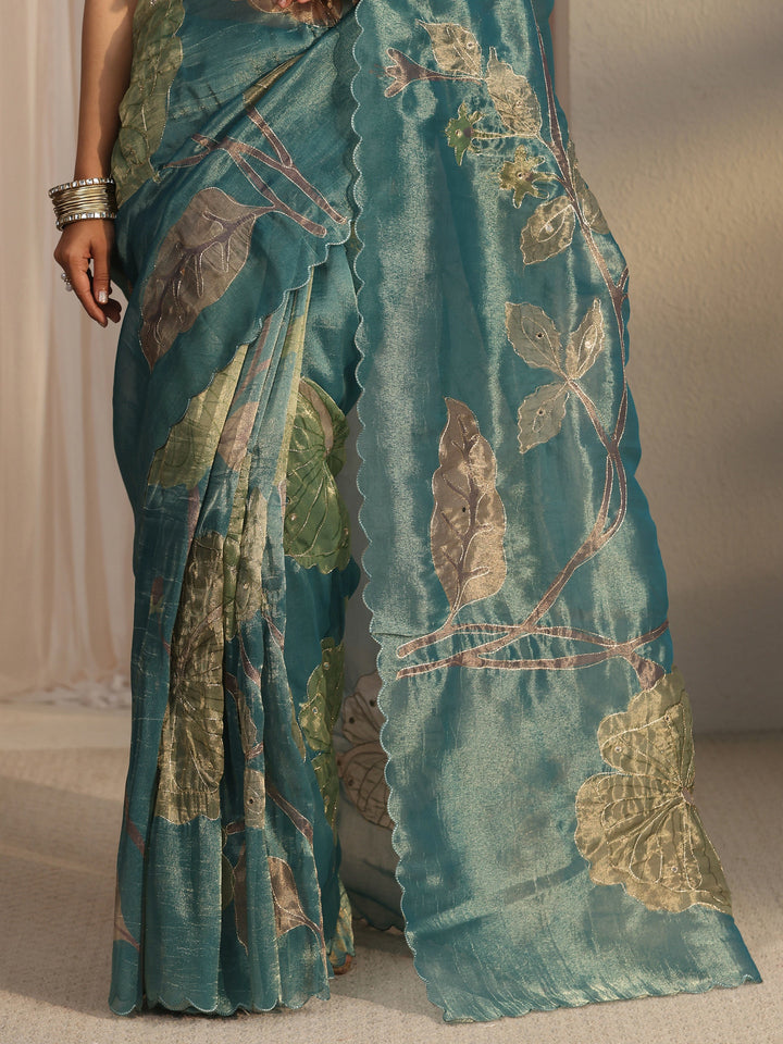 Libas Blue Floral Printed Mirror Work Silk Blend Saree with Scalloped Border