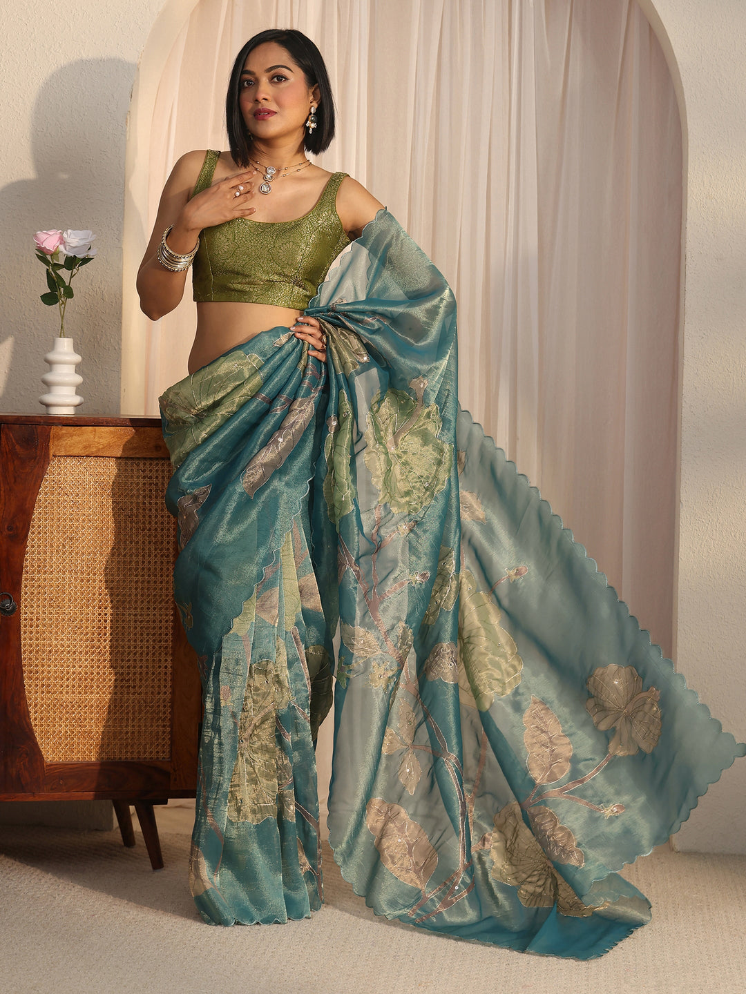Libas Blue Floral Printed Mirror Work Silk Blend Saree with Scalloped Border