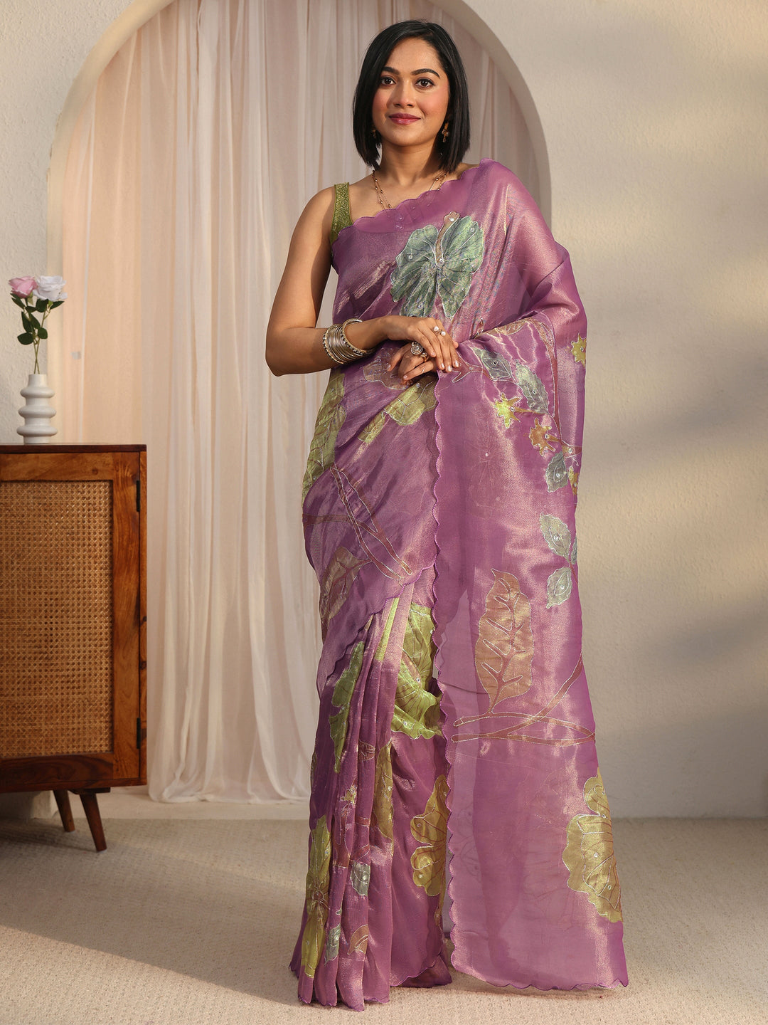 Libas Lavender Floral Printed Mirror Work Silk Blend Saree with Scalloped Border
