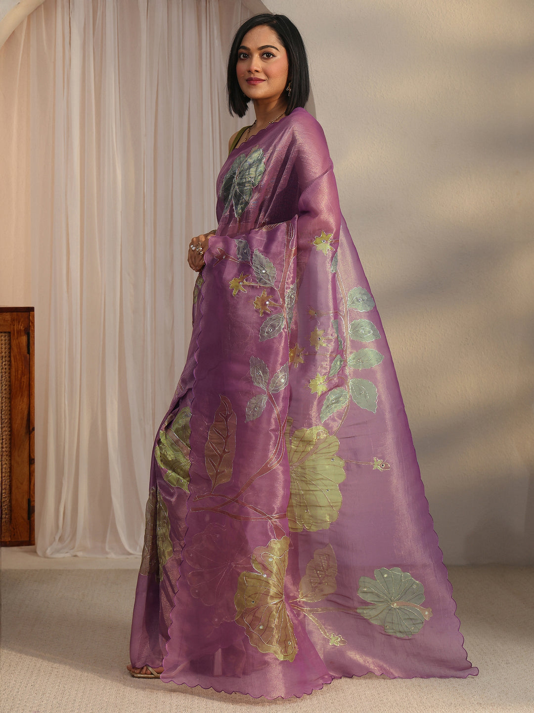 Libas Lavender Floral Printed Mirror Work Silk Blend Saree with Scalloped Border