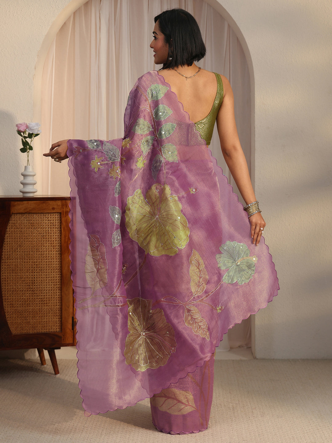 Libas Lavender Floral Printed Mirror Work Silk Blend Saree with Scalloped Border