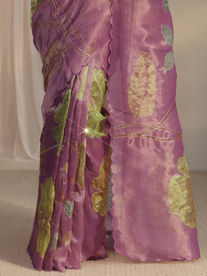 Libas Lavender Floral Printed Mirror Work Silk Blend Saree with Scalloped Border