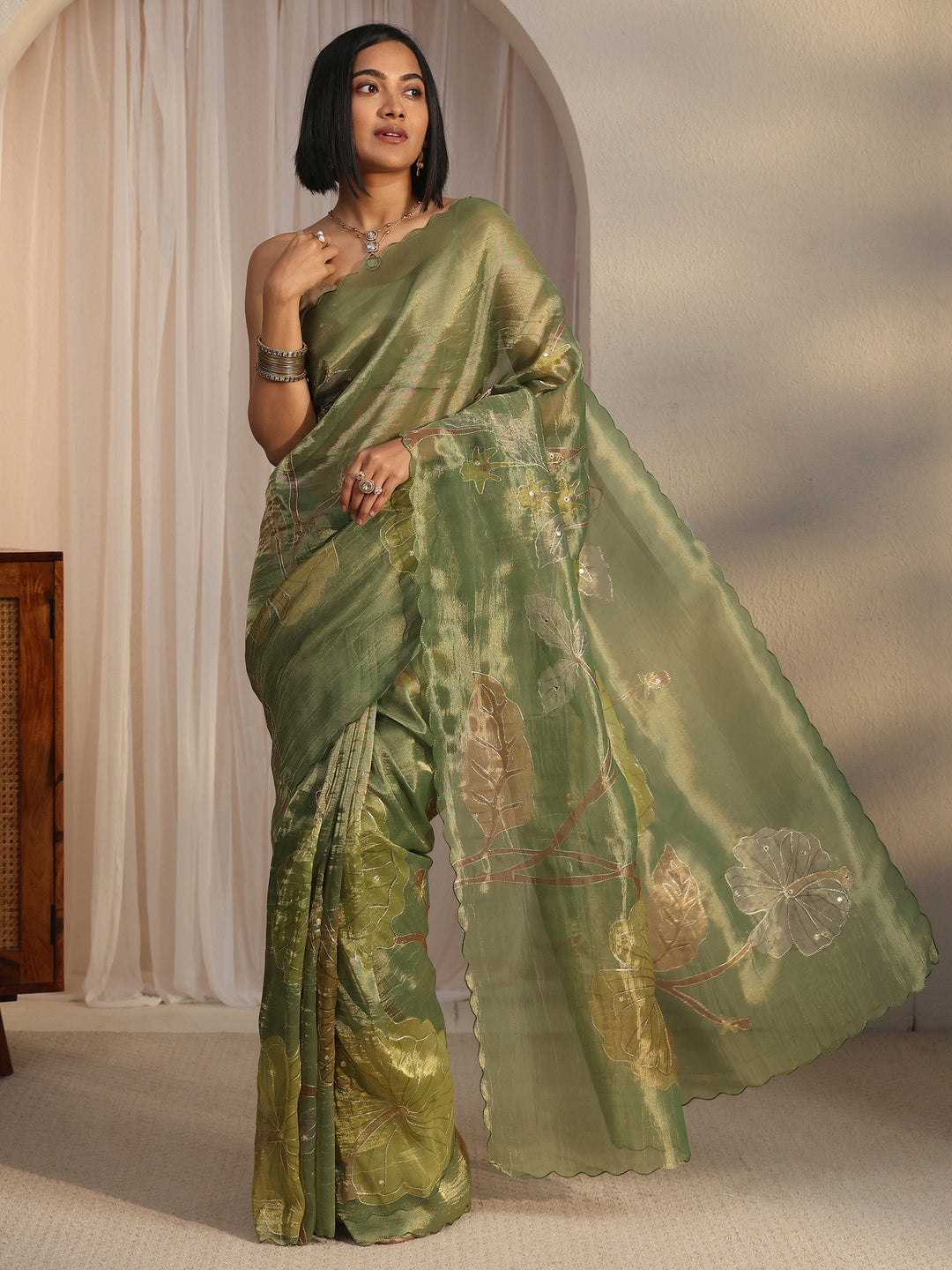 Libas Green Floral Printed Mirror Work Silk Blend Saree with Scalloped Border