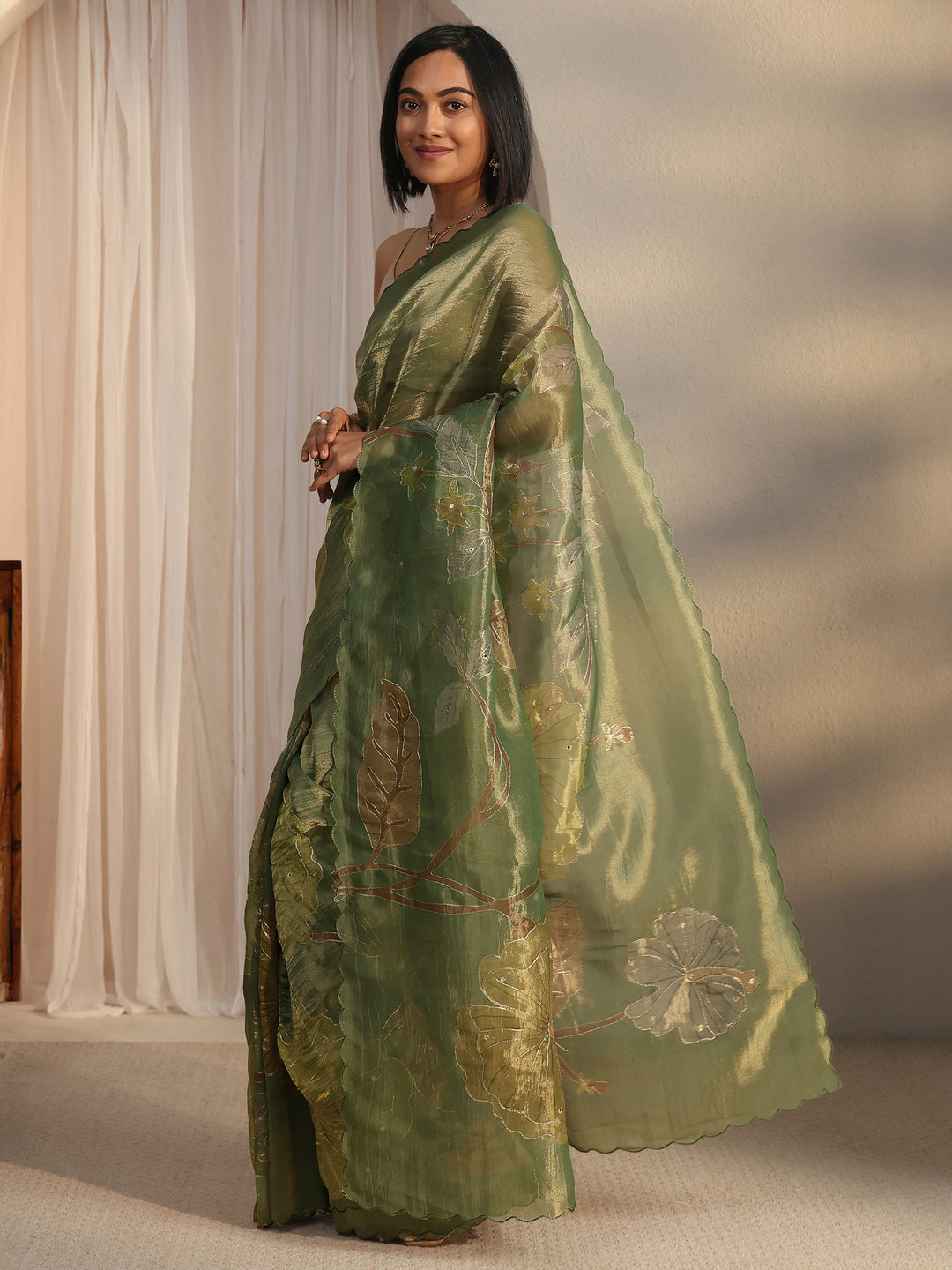 Libas Green Floral Printed Mirror Work Silk Blend Saree with Scalloped Border