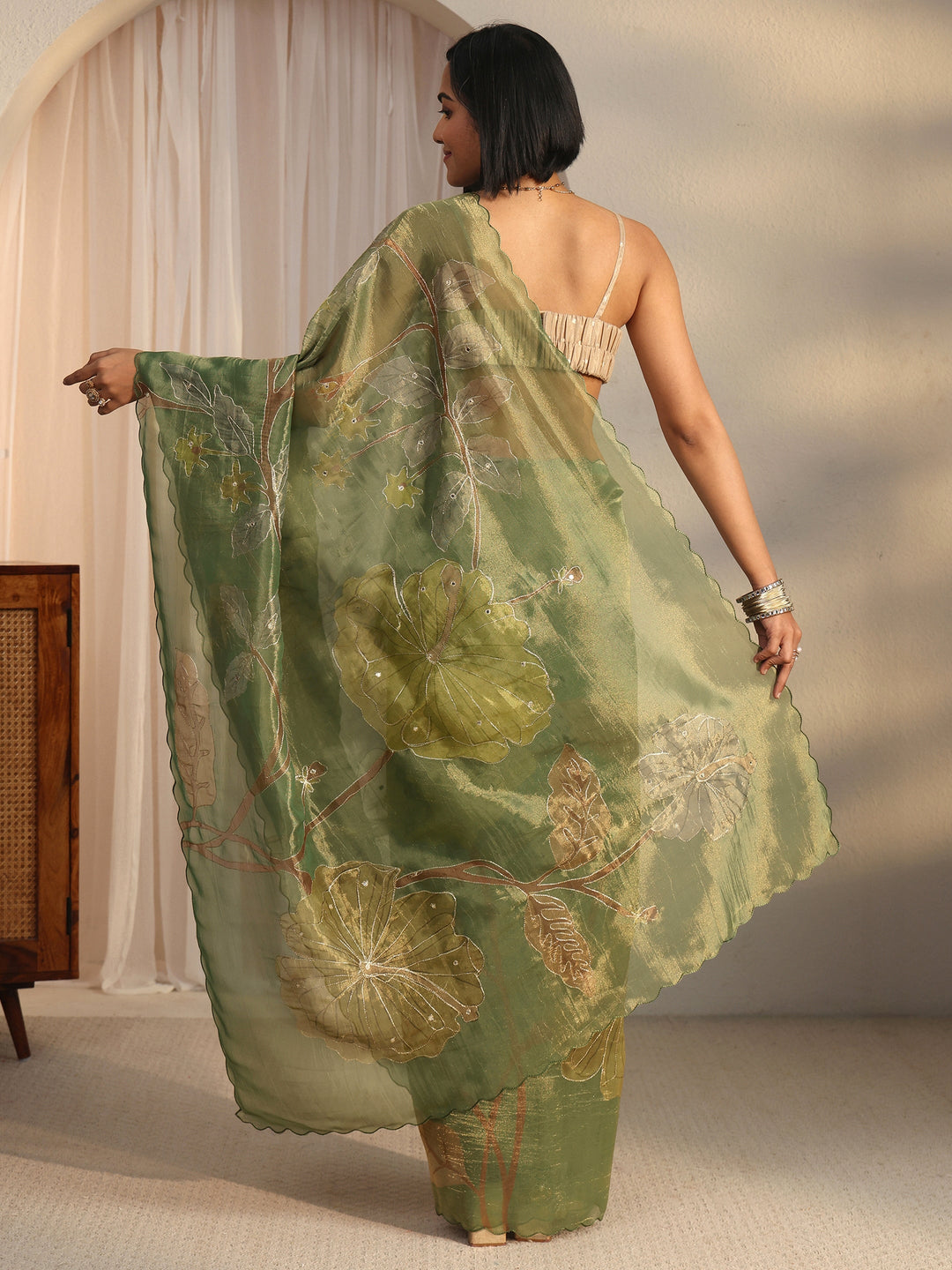 Libas Green Floral Printed Mirror Work Silk Blend Saree with Scalloped Border