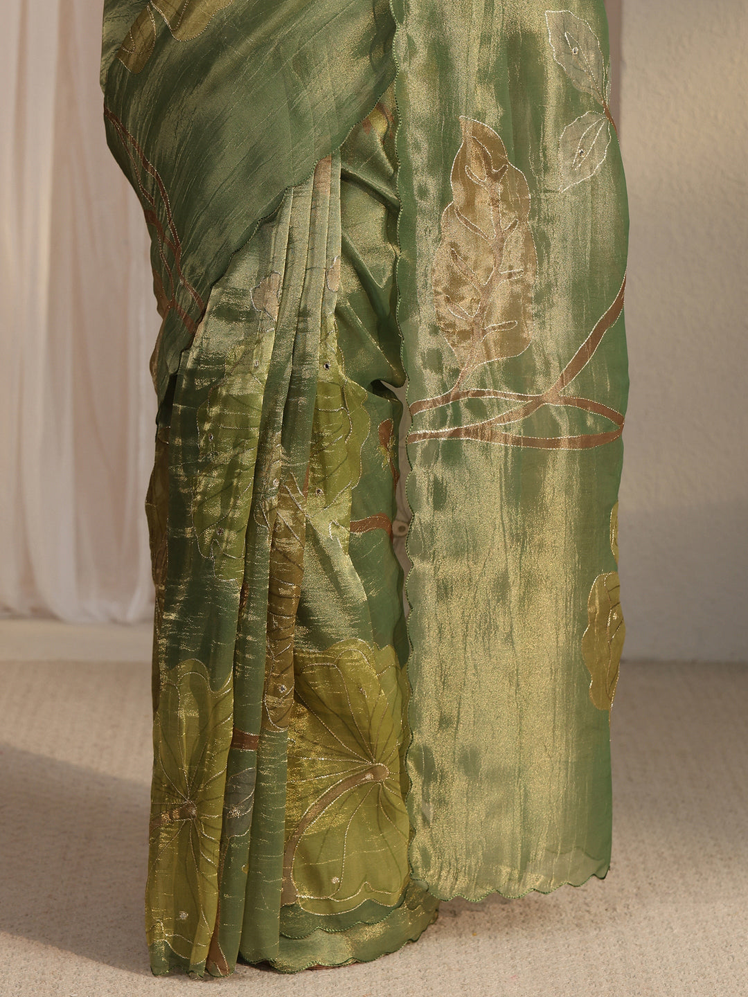 Libas Green Floral Printed Mirror Work Silk Blend Saree with Scalloped Border