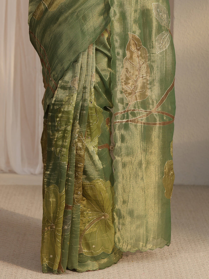 Libas Green Floral Printed Mirror Work Silk Blend Saree with Scalloped Border