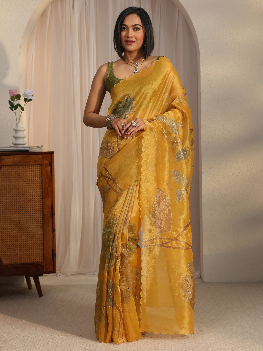Libas Mustard Floral Printed Mirror Work Silk Blend Saree with Scalloped Border