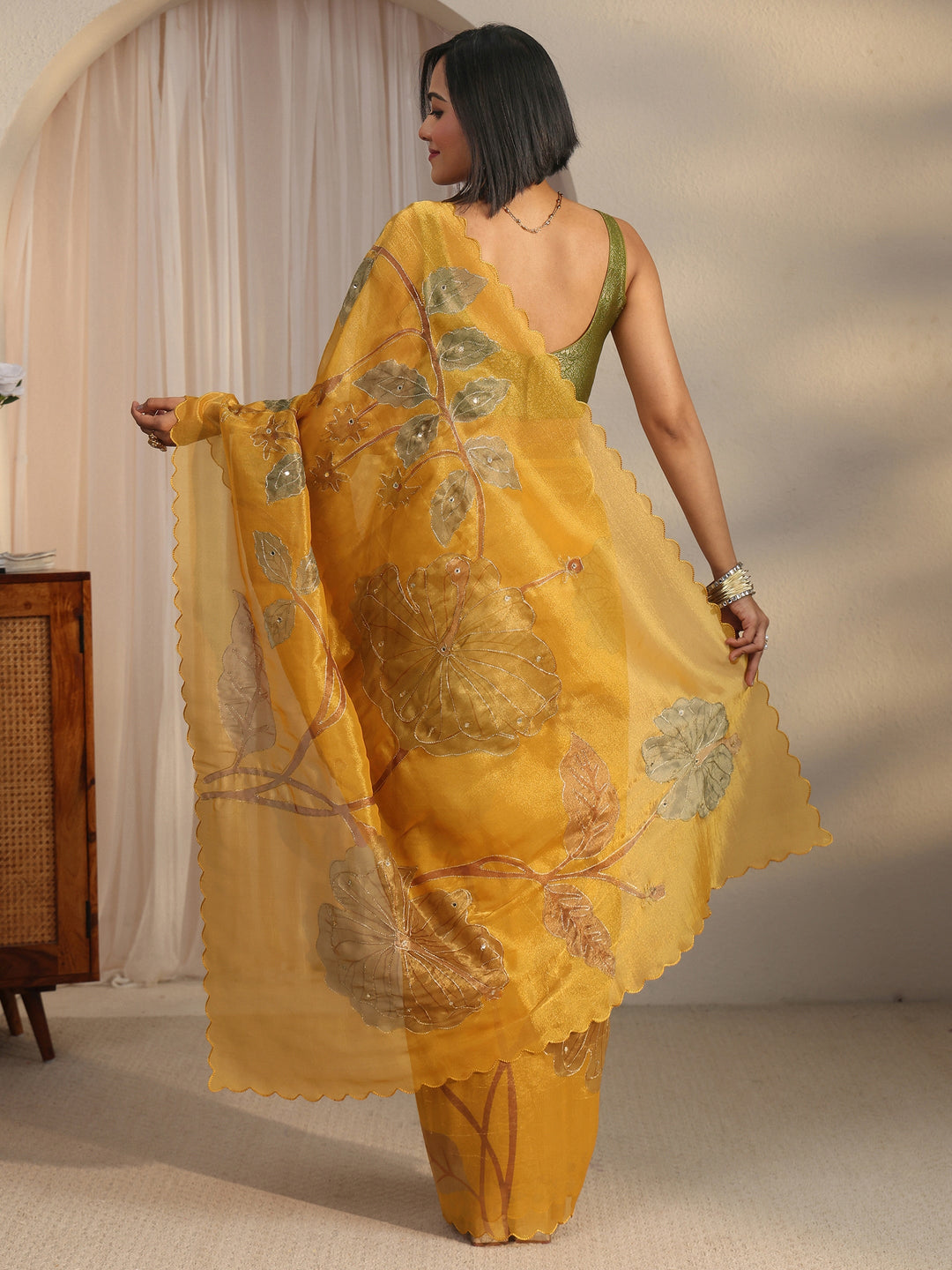 Libas Mustard Floral Printed Mirror Work Silk Blend Saree with Scalloped Border